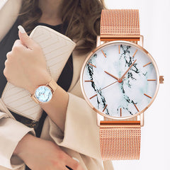 Elegant Rose Gold Mesh Band Marble Dial Women's Watch